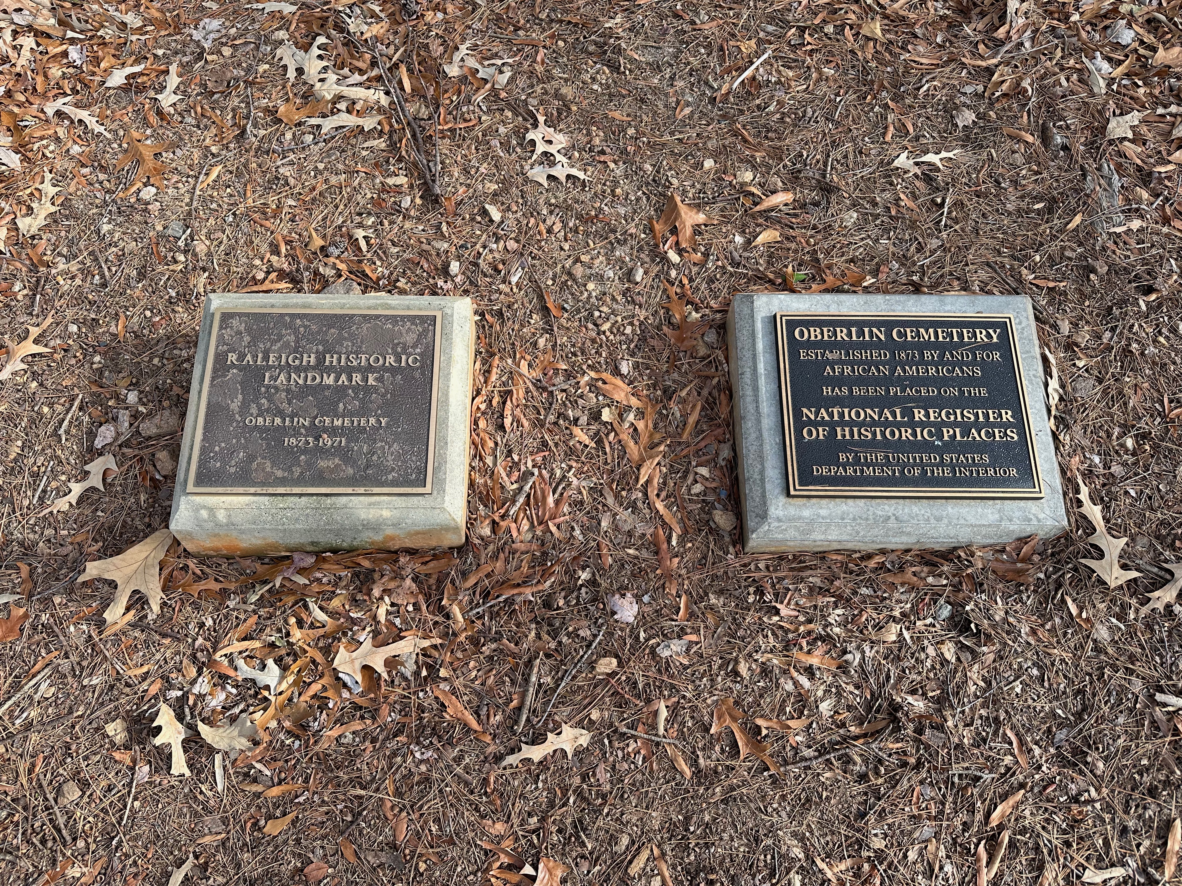 Oberlin Cemetery Raleigh Historic Landmark plaque and National Register of Historic Places plaque