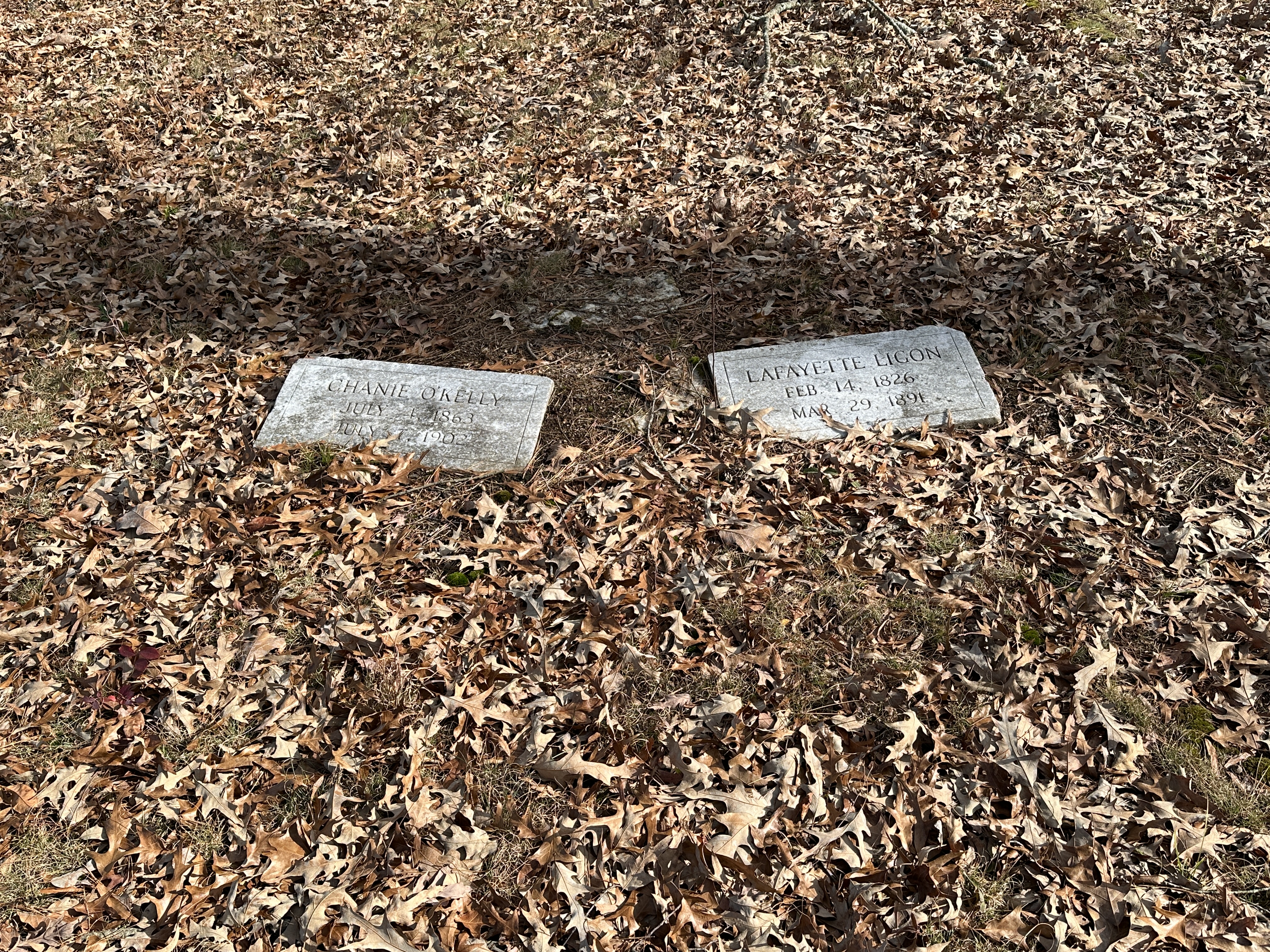 Grave markers of Chanie O' Kelly and Lafayette Ligon